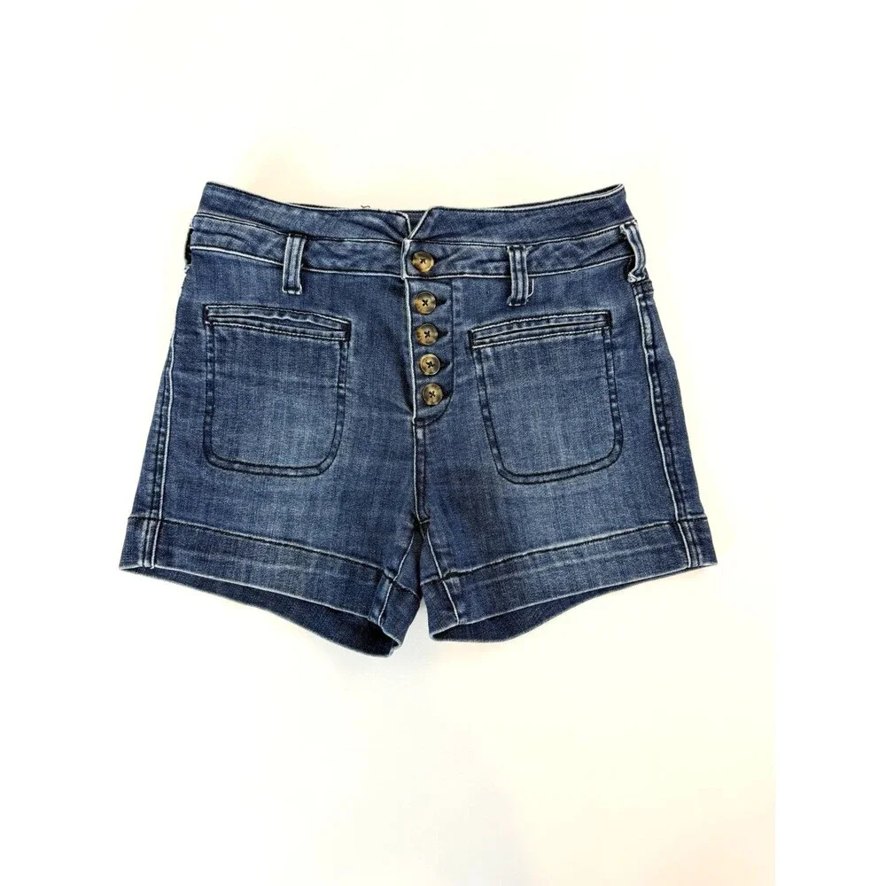 Pilcro Anthropologie High Rise Slim Denim Shorts Size 26 Button Fly Blue Wash - Picture 1 of 9